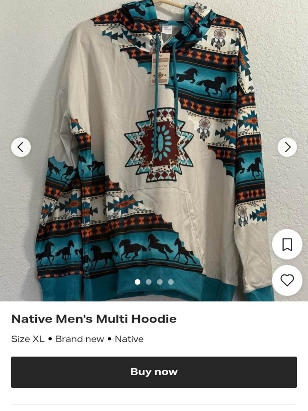 Native Cream and Teal Aztec Horse Pullover Hoodie